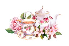 Teacup, tea pot with flowers. Vintage card. Watercolor