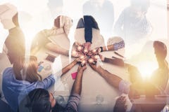 Teamwork and brainstorming concept with businessmen that share an idea with a lamp. Concept of startup. Double exposure royalty free stock photos Teamwork and brainstorming concept with businessmen that share an idea with a lamp. Concept of startup. Double exposure royalty free stock photos