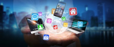 Tech devices and icons connected to digital planet earth Stock Photos Tech devices and icons connected to digital planet earth Stock Photos
