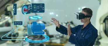 Technologie fut?e d'Iot futuriste dans l'industrie 4 0 concepts, utilisation d'ing?nieur ont augment? la r?alit? virtuelle m?lang image libre de droits Technologie fut?e d'Iot futuriste dans l'industrie 4 0 concepts, utilisation d'ing?nieur ont augment? la r?alit? virtuelle m?lang image libre de droits
