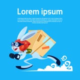 Tecknad filmkanin som kör det Carry Boxes Fast Delivery Service banret med kopieringsutrymme vektor illustrationer Tecknad filmkanin som kör det Carry Boxes Fast Delivery Service banret med kopieringsutrymme vektor illustrationer