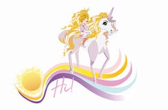 Tecknad filmmodeliten flicka med en pilbåge och hennes magiska vänenhörning Arkivfoto Tecknad filmmodeliten flicka med en pilbåge och hennes magiska vänenhörning Arkivfoto