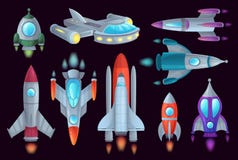 Tecknad filmraket Utrymmerocketship, rymdraket och för vektorillustration för rymdskepp skepp isolerad uppsättning royaltyfri illustrationer Tecknad filmraket Utrymmerocketship, rymdraket och för vektorillustration för rymdskepp skepp isolerad uppsättning royaltyfri illustrationer