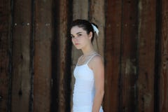 Teen flicka vid brun wood bakgrund arkivfoto Teen flicka vid brun wood bakgrund arkivfoto