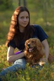 Girl in forest with dog spaniel stock photos Girl in forest with dog spaniel stock photos