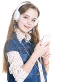 Teen Girl With Phone And Headphones Stock Photos