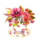 Teeschale - Herbstlaub, rosafarbene Blumen, Beeren watercolor Lizenzfreies Stockfoto Teeschale - Herbstlaub, rosafarbene Blumen, Beeren watercolor Lizenzfreies Stockfoto