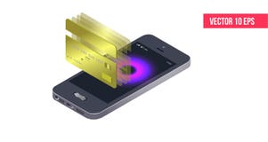 Telefone celular e Internet banking isométricos pagamento sem fio de compra da proteção através do smartphone isométrico ilustração royalty free Telefone celular e Internet banking isométricos pagamento sem fio de compra da proteção através do smartphone isométrico ilustração royalty free
