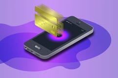 Telefone celular isométrico, operação bancária em linha do Internet Pagamento sem fio de compra da proteção isométrica com smartp ilustração stock Telefone celular isométrico, operação bancária em linha do Internet Pagamento sem fio de compra da proteção isométrica com smartp ilustração stock