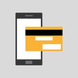 Telefone celular preto do smartphone do estilo liso com pagamento de cartão de crédito bancário amarelo Smartphone e pagamento ilustração stock Telefone celular preto do smartphone do estilo liso com pagamento de cartão de crédito bancário amarelo Smartphone e pagamento ilustração stock