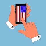 Telefono dell'icona in sua mano sull'isolato della bandiera americana dello schermo su fondo blu Illustrazione alla moda di vetto royalty illustrazione gratis Telefono dell'icona in sua mano sull'isolato della bandiera americana dello schermo su fondo blu Illustrazione alla moda di vetto royalty illustrazione gratis