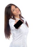 Telefono mobile delle cellule della visualizzazione di rappresentazione della donna Fotografia Stock Telefono mobile delle cellule della visualizzazione di rappresentazione della donna Fotografia Stock