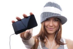 Telefono mobile delle cellule della visualizzazione di rappresentazione della donna nuovo Fotografia Stock Libera da Diritti Telefono mobile delle cellule della visualizzazione di rappresentazione della donna nuovo Fotografia Stock Libera da Diritti