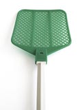 Close up of Single green extendable flyswatter isolated on white background. Telescopic fly swatter. Object made of plastic, very