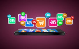 Teléfono con los iconos del app Compra móvil Compras de Internet o concepto del comercio ilustración del vector Teléfono con los iconos del app Compra móvil Compras de Internet o concepto del comercio ilustración del vector