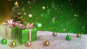 Tema verde do Natal com fundo dos presentes, da neve e do bokeh Laço sem emenda 3d rendem Tema verde do Natal com fundo dos presentes, da neve e do bokeh Laço sem emenda 3d rendem
