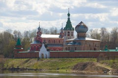 Temples of the Old Ladoga St. Nikolas monastery in the cloudy May afternoon. Old Ladoga, Russia royalty free stock image Temples of the Old Ladoga St. Nikolas monastery in the cloudy May afternoon. Old Ladoga, Russia royalty free stock image