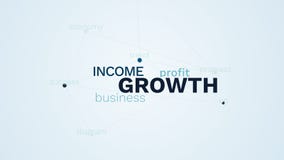 Tendenza di aumento di progresso di profitto di affari di reddito di crescita sul fondo animato della nuvola di parola di economi Tendenza di aumento di progresso di profitto di affari di reddito di crescita sul fondo animato della nuvola di parola di economi
