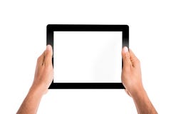 Tenir le PC de comprimé avec des mains photo stock Tenir le PC de comprimé avec des mains photo stock