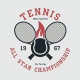 Tennis sports apparel with racket and fiery ball. New York all star championship. Typography emblem for t-shirt. Vector. Stock Images Tennis sports apparel with racket and fiery ball. New York all star championship. Typography emblem for t-shirt. Vector. Stock Images