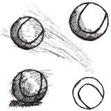 Tennisbollen skissar fastställt som isoleras på vit bakgrund stock illustrationer Tennisbollen skissar fastställt som isoleras på vit bakgrund stock illustrationer
