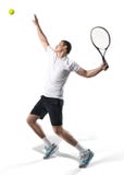 Tennisspelare som tjänar som bollen som isoleras på vit fotografering för bildbyråer Tennisspelare som tjänar som bollen som isoleras på vit fotografering för bildbyråer