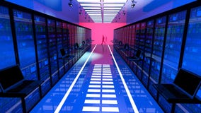Terminal monitor in server room with server racks in datacenter stock image Terminal monitor in server room with server racks in datacenter stock image