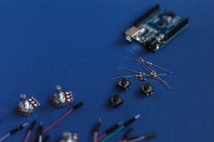 TERNOPIL, UKRAINE - May 5, 2019: DIY electronic kit on the blue background, FLAT LAY, variety of sensor and tools with copy space stock photo TERNOPIL, UKRAINE - May 5, 2019: DIY electronic kit on the blue background, FLAT LAY, variety of sensor and tools with copy space stock photo