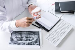 Terra arrendada da m?o do dentista do modelo da maxila dos dentes e da limpeza dentais com escova de dentes foto de stock Terra arrendada da m?o do dentista do modelo da maxila dos dentes e da limpeza dentais com escova de dentes foto de stock