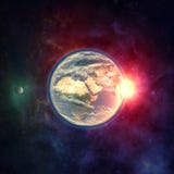 Terra do planeta no espaço com lua, atmosfera e luz solar imagens de stock royalty free Terra do planeta no espaço com lua, atmosfera e luz solar imagens de stock royalty free
