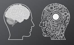 Testa di mente del cervello umano con l'illustrazione di concetto della testa del robot di intelligenza artificiale illustrazione di stock Testa di mente del cervello umano con l'illustrazione di concetto della testa del robot di intelligenza artificiale illustrazione di stock