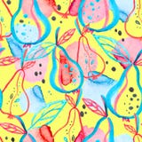 Teste padr?o sem emenda com as peras da aquarela e manchas coloridas da pintura ilustração stock Teste padr?o sem emenda com as peras da aquarela e manchas coloridas da pintura ilustração stock