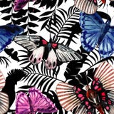Teste padrão de borboletas da aquarela, papagaios e plantas tropicais ilustração royalty free Teste padrão de borboletas da aquarela, papagaios e plantas tropicais ilustração royalty free