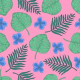 Teste padrão do verão com folhas e as flores tropicais ilustração stock Teste padrão do verão com folhas e as flores tropicais ilustração stock