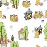 Teste padrão do vetor da cesta e dos cogumelos da lanterna da árvore da casa ilustração stock Teste padrão do vetor da cesta e dos cogumelos da lanterna da árvore da casa ilustração stock