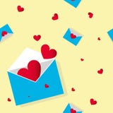 Teste padrão geométrico sem emenda do esboço com corações e cartas de amor vermelhos, envelopes azuis no fundo amarelo Projeto br ilustração do vetor Teste padrão geométrico sem emenda do esboço com corações e cartas de amor vermelhos, envelopes azuis no fundo amarelo Projeto br ilustração do vetor