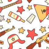 Teste padrão no estilo do russo com a balalaica, o earflap, o Kalashnikov e a vodca decorados com estrelas ilustração royalty free Teste padrão no estilo do russo com a balalaica, o earflap, o Kalashnikov e a vodca decorados com estrelas ilustração royalty free