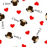 Teste padrão sem emenda bonito com cão do pug, texto que eu amo e coração vermelho, fundo transparente ilustração do vetor Teste padrão sem emenda bonito com cão do pug, texto que eu amo e coração vermelho, fundo transparente ilustração do vetor