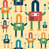 Teste padrão sem emenda colorido com robôs amigáveis ilustração stock Teste padrão sem emenda colorido com robôs amigáveis ilustração stock
