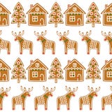 Teste padrão sem emenda com as cookies do pão-de-espécie do Natal - árvore do xmas, cervo, casa Fotografia de Stock Royalty Free Teste padrão sem emenda com as cookies do pão-de-espécie do Natal - árvore do xmas, cervo, casa Fotografia de Stock Royalty Free