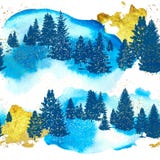 Teste padrão sem emenda com as árvores de floresta das silhuetas, os cursos do ouro e a textura da aquarela Ilustração do vetor ilustração stock Teste padrão sem emenda com as árvores de floresta das silhuetas, os cursos do ouro e a textura da aquarela Ilustração do vetor ilustração stock