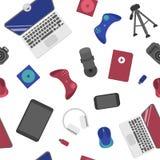Teste padrão sem emenda com manche, portátil, rato do computador, câmara web ilustração do vetor Teste padrão sem emenda com manche, portátil, rato do computador, câmara web ilustração do vetor