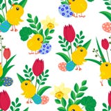Teste padrão sem emenda com os pintainhos bonitos da Páscoa, os ovos coloridos brilhantes, os narcisos amarelos e as tulipas no f ilustração do vetor Teste padrão sem emenda com os pintainhos bonitos da Páscoa, os ovos coloridos brilhantes, os narcisos amarelos e as tulipas no f ilustração do vetor