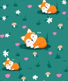 Teste padrão sem emenda com a raposa bonito do sono e as flores, cogumelos, erva Ilustração do vetor ilustração royalty free Teste padrão sem emenda com a raposa bonito do sono e as flores, cogumelos, erva Ilustração do vetor ilustração royalty free