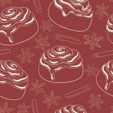 Teste padrão sem emenda com rolos de canela com geada e especiaria ilustração royalty free Teste padrão sem emenda com rolos de canela com geada e especiaria ilustração royalty free