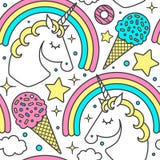 Teste padrão sem emenda com unicórnio, arco-íris, nuvens, estrelas, gelado, anéis de espuma Caráter do estilo dos desenhos animad ilustração do vetor Teste padrão sem emenda com unicórnio, arco-íris, nuvens, estrelas, gelado, anéis de espuma Caráter do estilo dos desenhos animad ilustração do vetor
