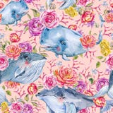 Teste padrão sem emenda da aquarela da baleia azul com rosa, anêmonas, flores do verão Papel digital náutico ilustração royalty free Teste padrão sem emenda da aquarela da baleia azul com rosa, anêmonas, flores do verão Papel digital náutico ilustração royalty free
