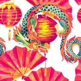 Teste padrão sem emenda da aquarela chinesa do dragão ilustração do vetor Teste padrão sem emenda da aquarela chinesa do dragão ilustração do vetor