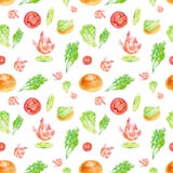 Teste padrão sem emenda da aquarela com camarão, cal, tomate, salada, bolo e ervas Roda denteada ilustração royalty free Teste padrão sem emenda da aquarela com camarão, cal, tomate, salada, bolo e ervas Roda denteada ilustração royalty free