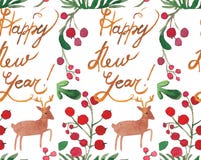 Teste padrão sem emenda do feriado do Natal da aquarela com bagas, cervos e cópia do ano novo feliz Tema do ano novo do inverno ilustração stock Teste padrão sem emenda do feriado do Natal da aquarela com bagas, cervos e cópia do ano novo feliz Tema do ano novo do inverno ilustração stock
